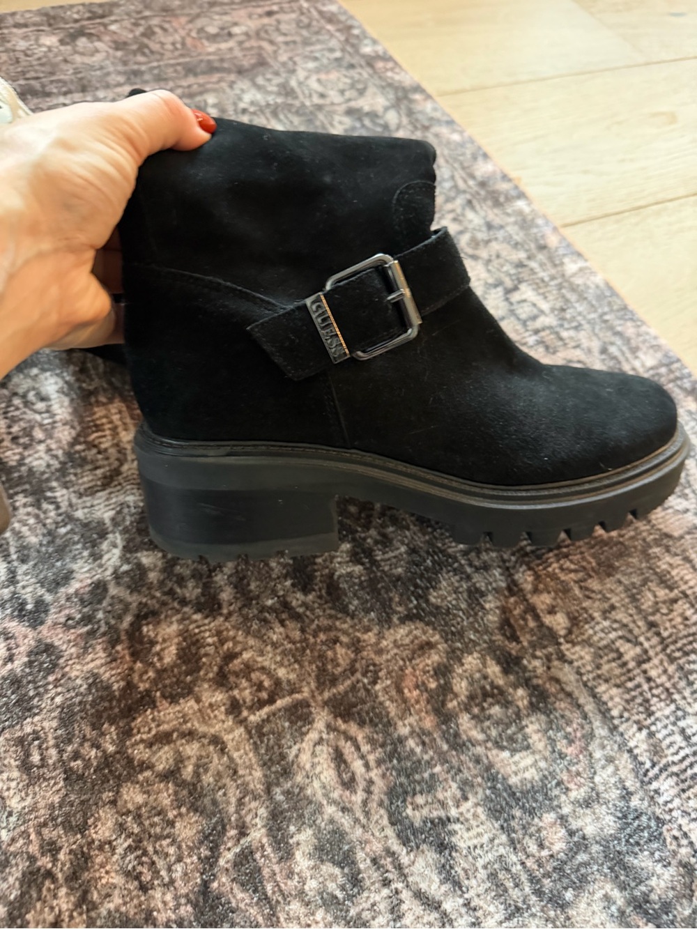 G by Guess Black Suede Lug Sole Ankle Boot with Buckle Detail